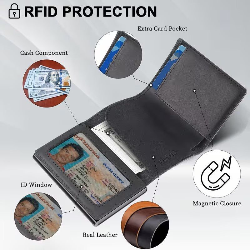 TOYFID Leather Wallet for Men, RFID Blocking Pop up Card Holder with Slide Ejector Button, ID Window, Airtag Slot, Mirror, Large Capacity Organiser for Credit Card/Bank Card/Cash