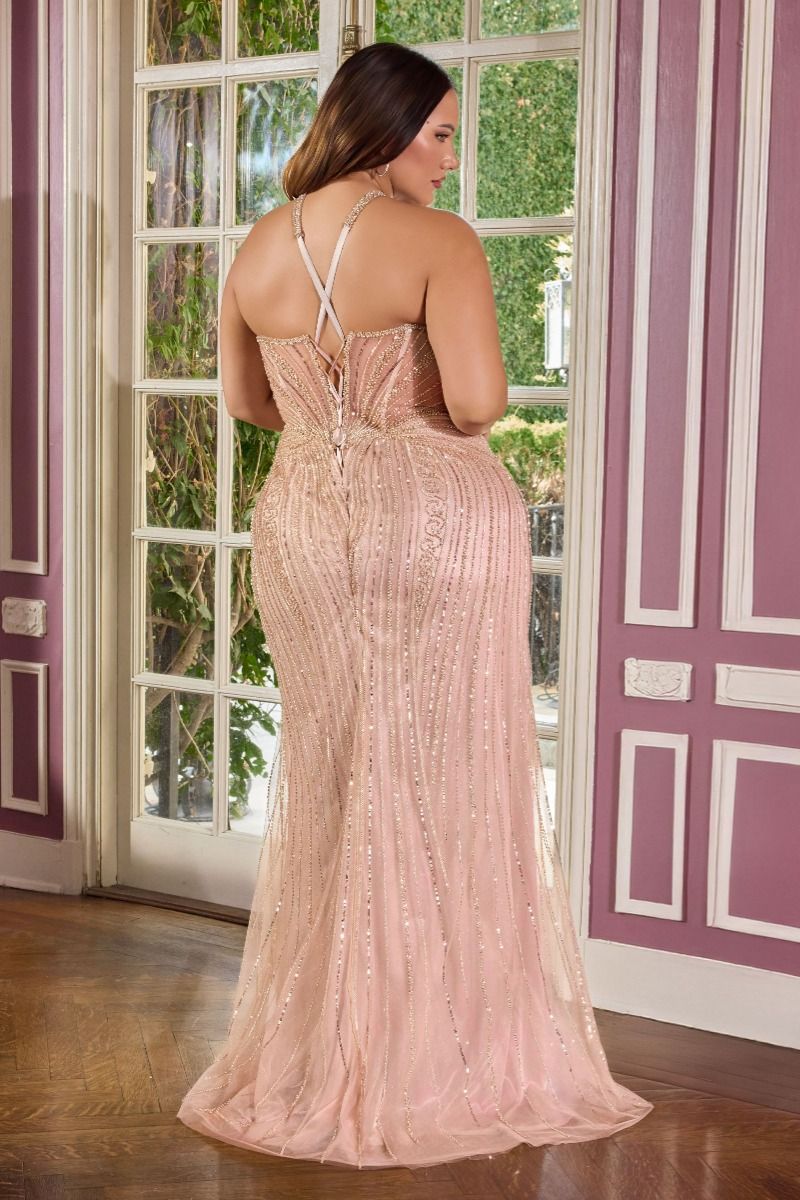 Beaded Halter Cutout Gown with Lace-Up Back and Mesh Overlay