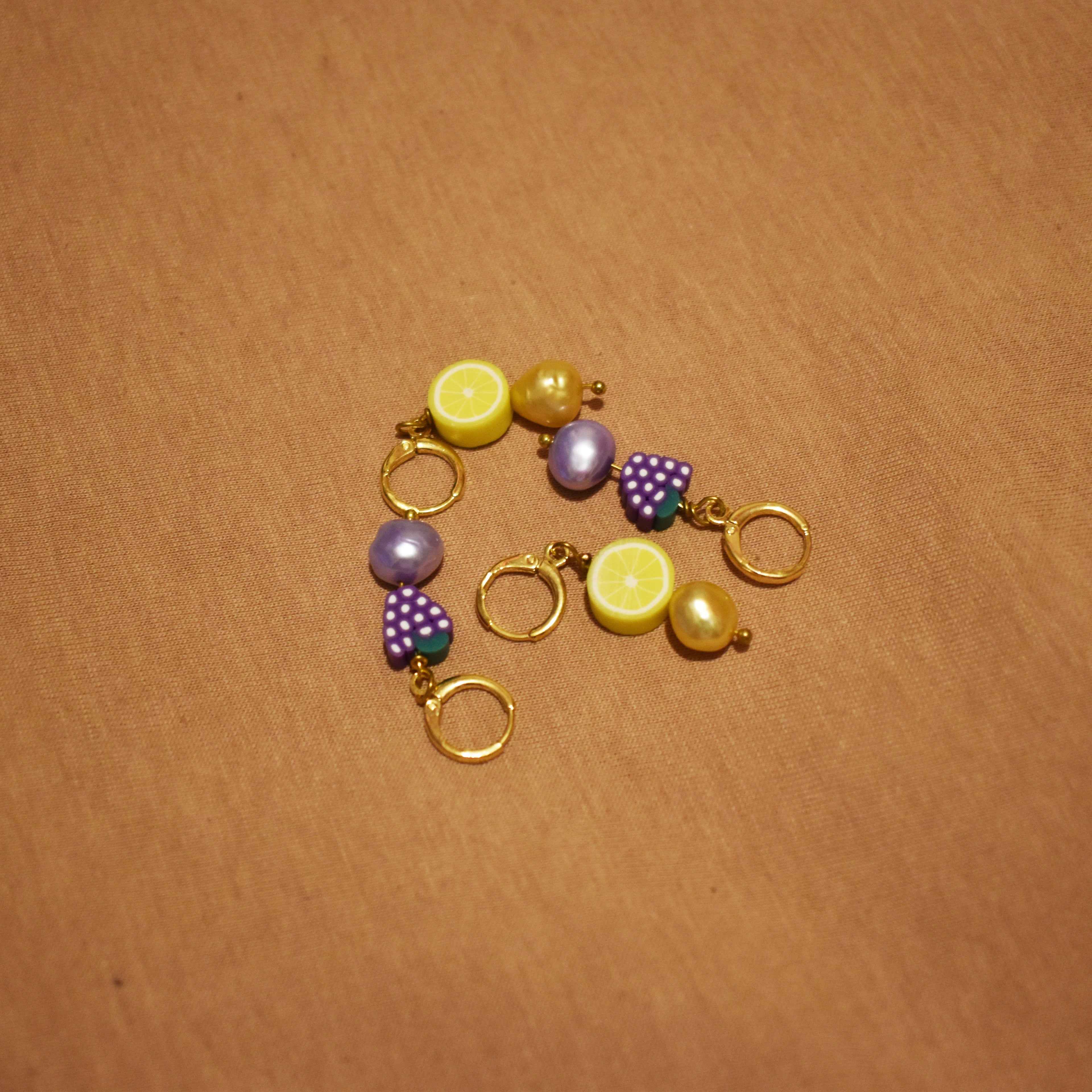 Gold freshwater pearl with lemon huggie earrings| by Ifemi Jewels