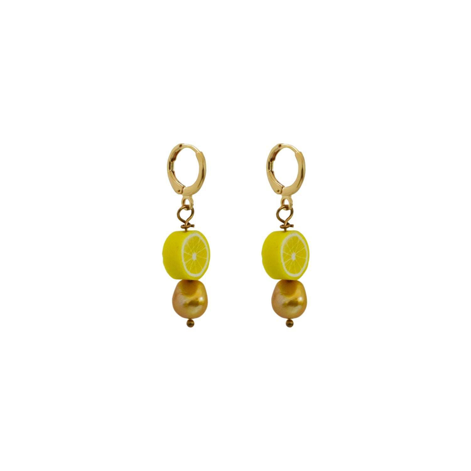 Gold freshwater pearl with lemon huggie earrings| by Ifemi Jewels