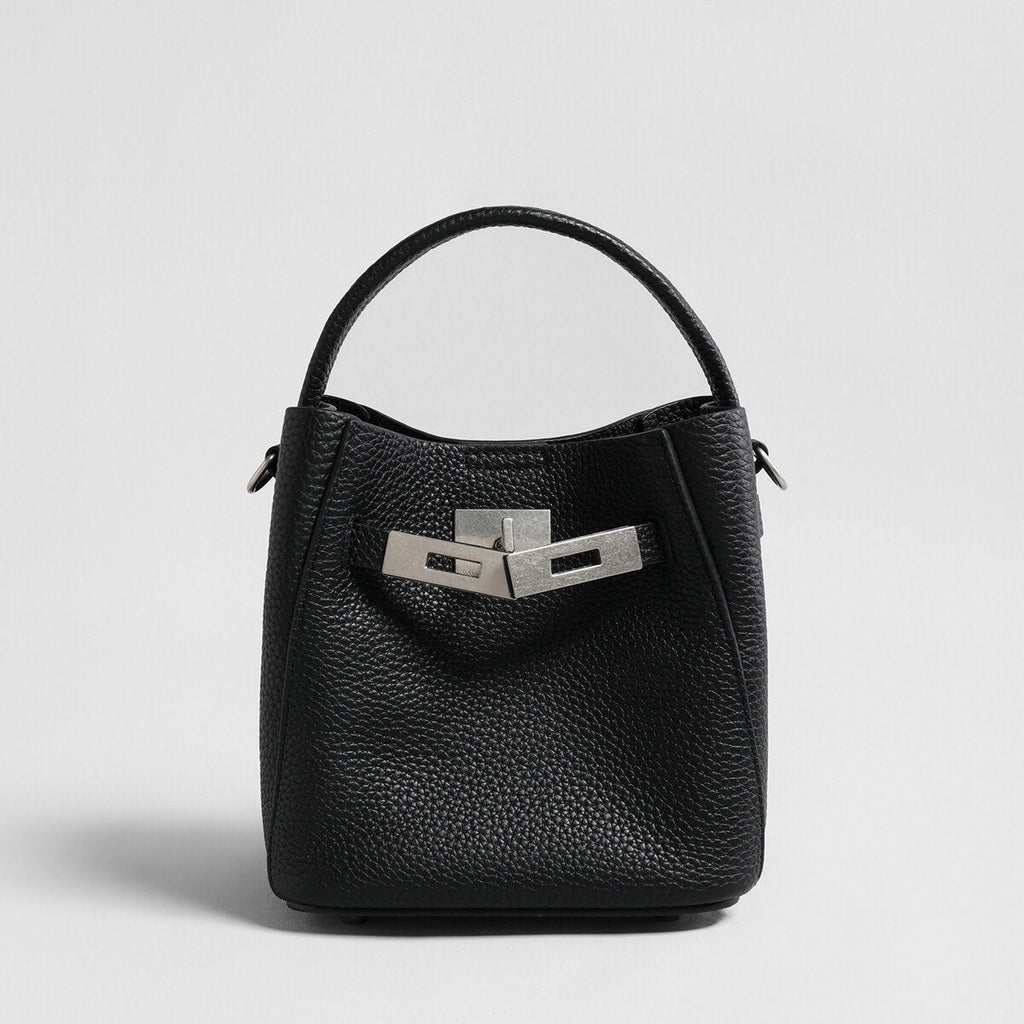 Pebbled Leather Mini Bucket Tote – Basket-Style Crossbody with Turn-Lock Hardware