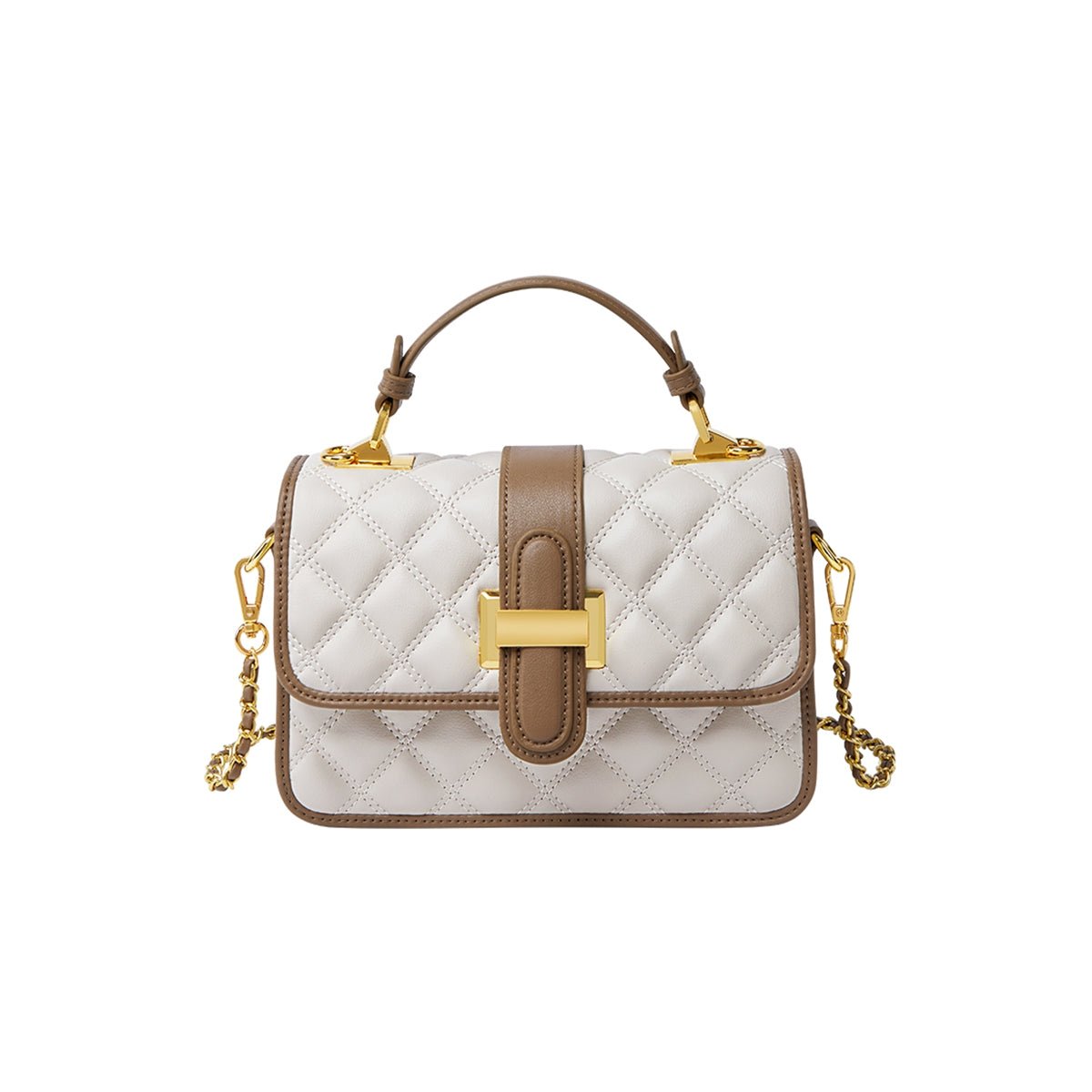 White Quilted Leather Satchel Bag with Gold Chain Strap