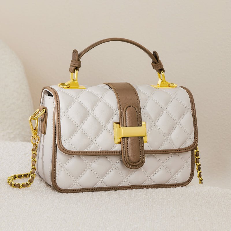 White Quilted Leather Satchel Bag with Gold Chain Strap