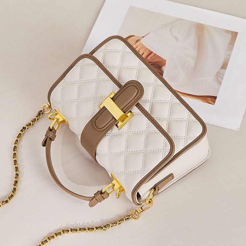White Quilted Leather Satchel Bag with Gold Chain Strap