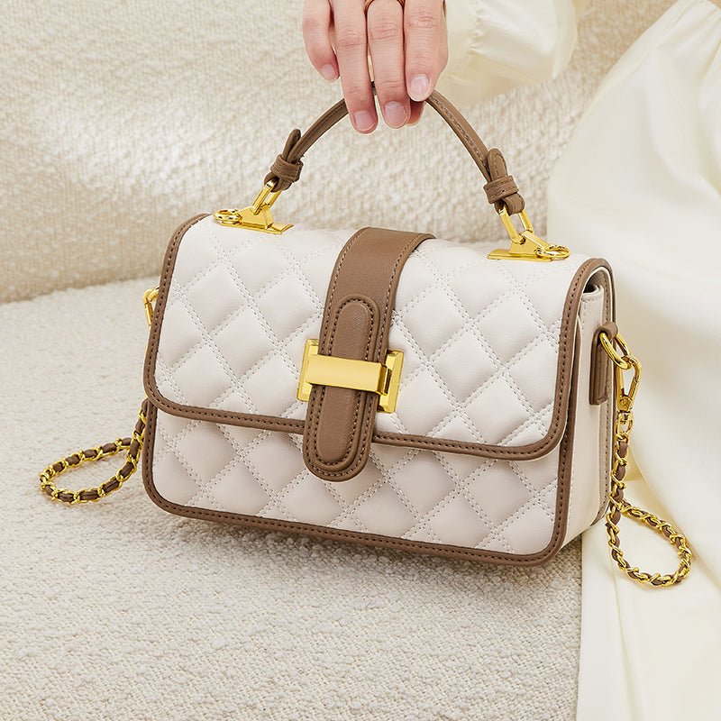 White Quilted Leather Satchel Bag with Gold Chain Strap